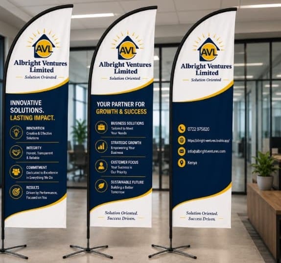 Albright Ventures Limited branded feather banners in a corporate office